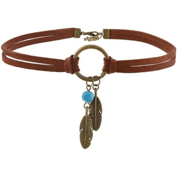 Native American Bohemian Feather Charm Handmade PU Leather Choker Necklace - Picture 1 of 8